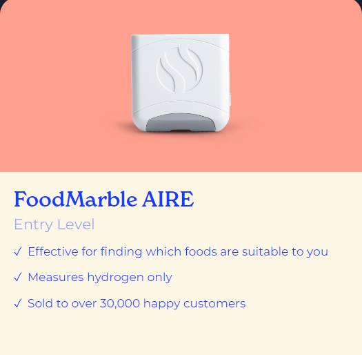 FoodMarble offers a range of products and services to help healthcare professionals and individuals improve their digestive health. They provide the AIRE and AIRE 2 devices which measure hydrogen and methane levels to help determine which foods are suitable for a person's digestive system. They also offer a Food Intolerance Kit to help identify which foods a person may be intolerant to. In addition, they offer free delivery, HSA/FSA eligibility, a one year warranty and free membership to their app.