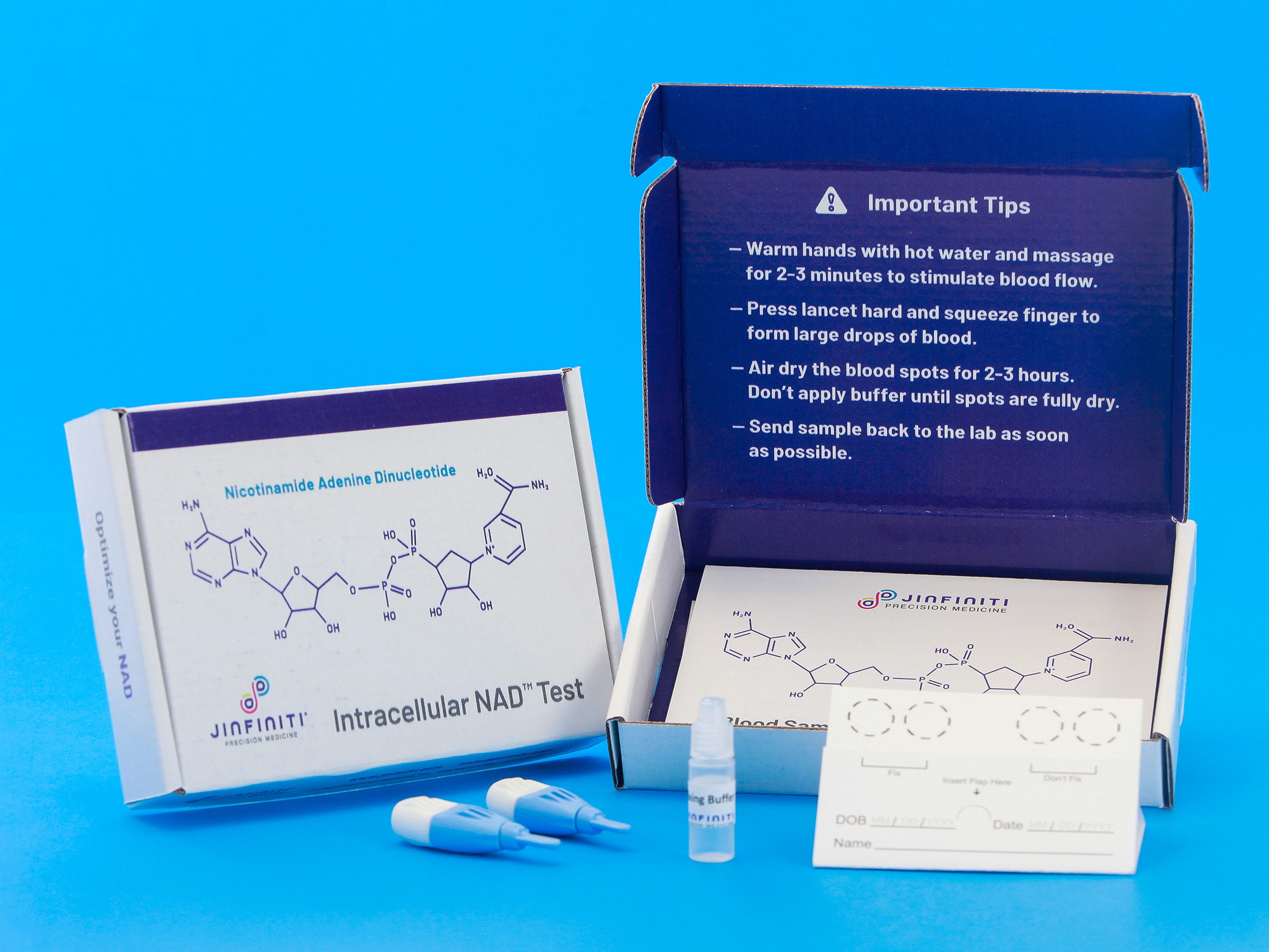 j infiniti, nad test, The Jinfiniti Intracellular NAD® Test is a finger prick sample collection test that measures NAD levels to provide actionable data to help individuals optimize their cellular health.